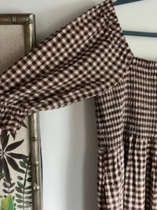 Madewell Lucie Elbow-Sleeve Smocked Gingham Midi Dress Two Pockets Women's M - Picture 5 of 15